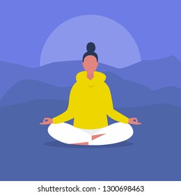 Meditation. Outdoor yoga. Harmony and relaxation. Calm female character sitting in a lotus pose. Flat editable vector illustration, clip art. Modern healthy lifestyle