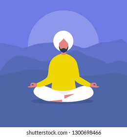 Meditation. Outdoor yoga. Harmony and relaxation. Calm indian character sitting in a lotus pose. Flat editable vector illustration, clip art. Modern healthy lifestyle