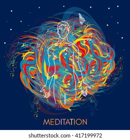 Meditation. Outer space. Male soul silhouette. Vector 