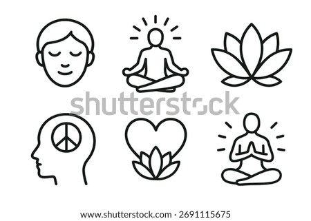 Meditation and peace icon set. Vector line art symbols of mindfulness and harmony