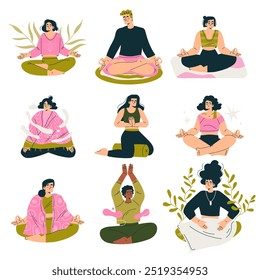 Meditation with People Character Sitting in Lotus Pose Vector Set