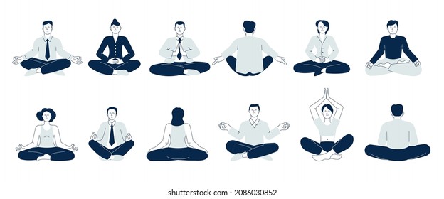 Meditation people. Woman balancing, take calm on job. Business characters sitting on lotus pose. Mind health and wellbeing, relaxers recent vector set