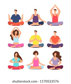 Meditation people. Woman and man meditating in group in yoga or pilates class. Isolated characters vector set. Illustration of people exercise meditation, fitness health