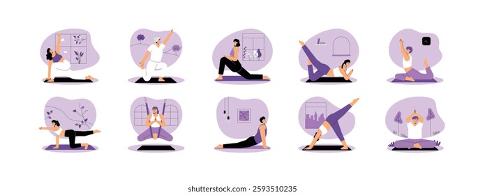 Meditation performed by women and men in various difficult positions due to supporting themselves on their knees and hanging using special tools, indoors and outdoors, vector illustration.