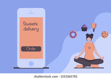 Meditation. Phone, sweets delivery, meditation woman. Flat vector illustration
