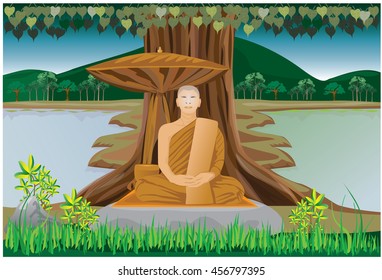 meditation of  Pilgrim monk under Bodhi Tree