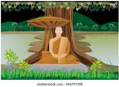 meditation of  Pilgrim monk under Bodhi Tree