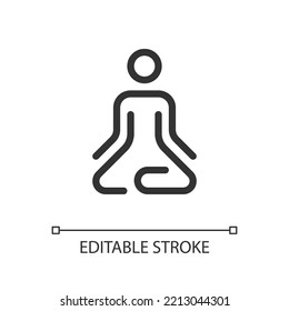 Meditation pixel perfect linear ui icon. Lotus position. Calmness and harmony. Relaxation. GUI, UX design. Outline isolated user interface element for app and web. Editable stroke. Arial font used