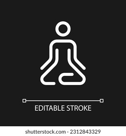 Meditation pixel perfect white linear ui icon for dark theme. Lotus position. Calmness, harmony. Vector line pictogram. Isolated user interface symbol for night mode. Editable stroke. Arial font used