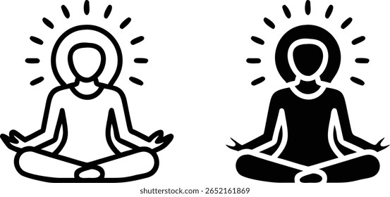 Meditation Pose Icon with Radiating Energy – Black and White Yoga Silhouette Vector for Mindfulness, Peace, and Spirituality