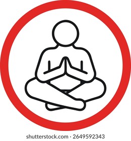 Meditation pose icon in red circle, calm seated yoga figure symbol for wellness, mindfulness awareness, peace practice, or mental health support design for digital or print use.