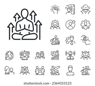 Meditation pose sign. Specialist, doctor and job competition outline icons. Yoga line icon. Relax body and mind symbol. Yoga line sign. Avatar placeholder, spy headshot icon. Strike leader. Vector