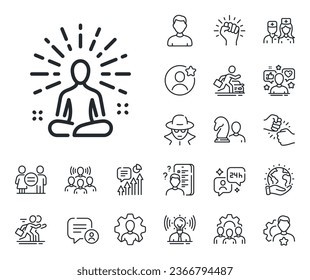 Meditation pose sign. Specialist, doctor and job competition outline icons. Yoga line icon. Relax body and mind symbol. Yoga line sign. Avatar placeholder, spy headshot icon. Strike leader. Vector