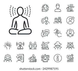 Signo de pose de meditación. Iconos de esquema de especialista, médico y competencia laboral. Icono de línea de yoga. Relajar el cuerpo y el símbolo de la mente. Signo de la línea de yoga. Marcador de posición de avatar, icono de disparo de cabeza espía. Líder de ataque. Vector