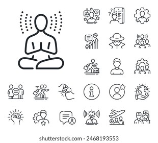 Signo de pose de meditación. Iconos de esquema de especialista, médico y competencia laboral. Icono de línea de yoga. Relajar el cuerpo y el símbolo de la mente. Signo de la línea de yoga. Marcador de posición de avatar, icono de disparo de cabeza espía. Líder de ataque. Vector