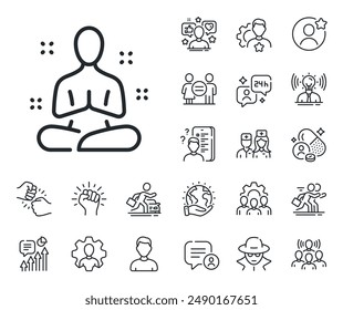 Meditationspose-Zeichen. Symbole für Spezialisten-, Arzt- und Stellenausschreibungen. Yogalinie-Symbol. Entspannen Sie Körper und Geist Symbol. Yogalinie. Avatar-Platzhalter, Spionage-Headshot-Symbol. Streikleiter. Vektorgrafik