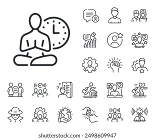 Meditation pose sign. Specialist, doctor and job competition outline icons. Yoga line icon. Relax body and mind symbol. Yoga line sign. Avatar placeholder, spy headshot icon. Strike leader. Vector