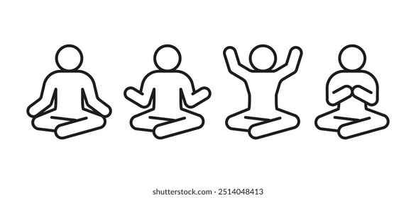 Meditationspose im Yoga, Line Icon Set. In Lotuspose sitzende Person. Entspannen Sie Körper und Geist, ruhig bleiben. Vektorgrafik