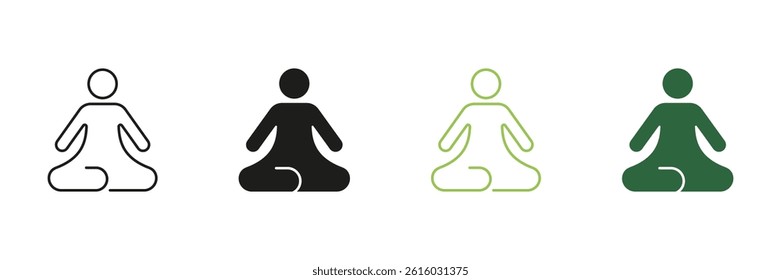 Meditation Pose Yoga Line and Solid Icon Set. Wellness and Mindfulness Symbol Collection. Isolated Vector Illustration.