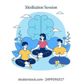 Concepto de práctica de meditación. Grupo de personas que participan en la meditación consciente al aire libre para la salud mental en un entorno tranquilo. Ilustración vectorial.