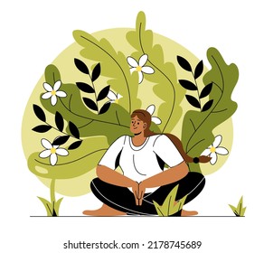 Meditation Practice Concept. Happy Girl Sitting Cross Legged Doing Yoga Or Meditation In Nature Or Outdoors. Harmony, Tranquility And Mental Health. Cartoon Flat Vector Illustration In Doodle Style