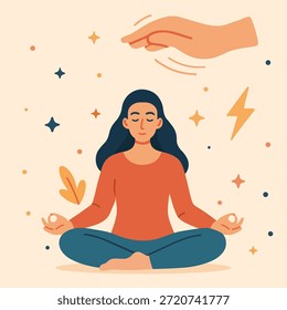 Die Meditationspraxis konzentrierte sich auf Theta-Heilung und Chakra-Ausrichtung durch eine Person in entspannter Pose.