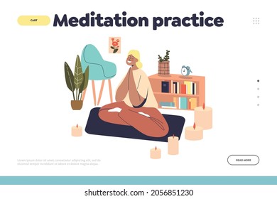 Meditation practice at home concept o landing page with relaxed female sitting in yoga zen pose with crossed legs meditating and relaxing. Mindfulness and wellness. Cartoon flat vector illustration