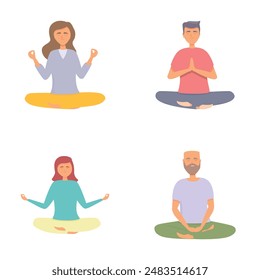 Meditation practice icons set cartoon vector. People in yoga lotus posture. Emotion harmony