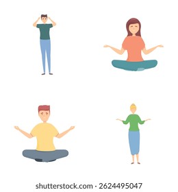 Ícones de prática de meditação definir vetor de desenho animado. Jovens positivos meditando. Zen, conceito de harmonia