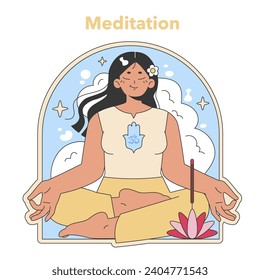 Meditation practice illustration. A tranquil figure in lotus pose, fostering inner peace and mindfulness. Flat vector illustration.