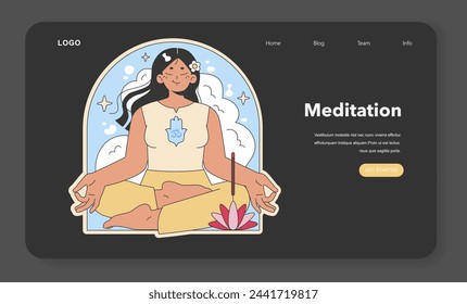 Ilustración de práctica de meditación. Una figura tranquila en pose de loto, fomentando la paz interior y la atención plena. Ilustración vectorial plana.