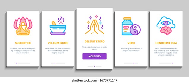 Meditation Practice Onboarding Mobile App Page Screen Vector. Meditation Yoga Relaxation Aromatic Therapy, Human Concentration, Gong And Painting Color Contour Illustrations