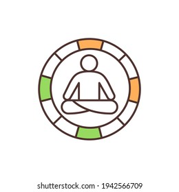 Meditation practice RGB color icon. Breath control. Progressive relaxation. Practicing yoga poses, dhyana. Emotionally calm and stable state. Inhalation and exhalation. Isolated vector illustration