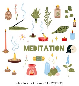 Meditation practice set, aromatherapy items. Concept of zen and harmony, relax, recreation, healthy lifestyle. Vector illustration in flat cartoon style isolated on white.