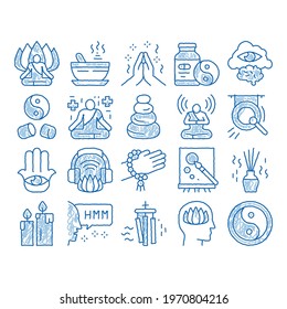 Meditation Practice sketch icon vector. Hand drawn blue doodle line art Meditation Yoga Relaxation Aromatic Therapy, Human Concentration, Gong And Painting Illustrations