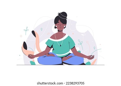 Práctica de la meditación. Mujer con ojos cerrados meditando en la ilustración vectorial de la postura del yoga.Beneficios de salud vectorial del cuerpo, mente y emociones. Zen. Relajación de negocios