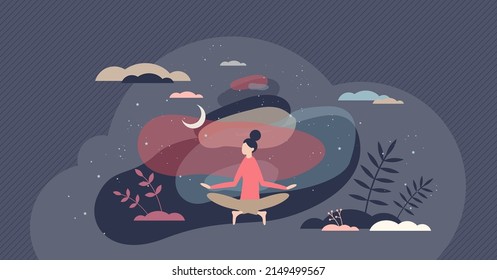 Meditation practice and yoga relaxation for body harmony tiny person concept. Calm posture with physical balance, clear mind and soul for healthy vitality vector illustration. Inner breathing position