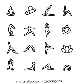 Meditation Practice Yoga Sign Black Thin Line Icon Set Include of Different Pose, Person and Lotus. Vector illustration of Icons