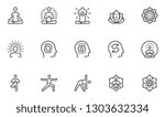 Meditation Practice and Yoga Vector Line Icons Set. Relaxation, Inner Peace, Self-knowledge, Inner Concentration, Spiritual Practice. Editable Stroke. 48x48 Pixel Perfect.