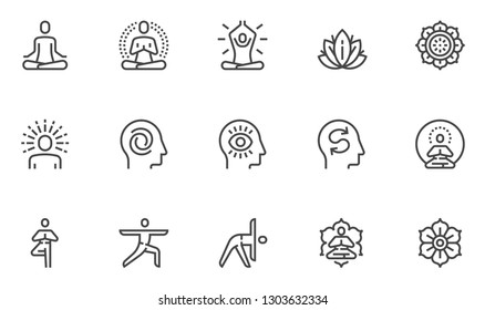 Meditation Practice and Yoga Vector Line Icons Set. Relaxation, Inner Peace, Self-knowledge, Inner Concentration, Spiritual Practice. Editable Stroke. 48x48 Pixel Perfect. - Shutterstock ID 1303632334
