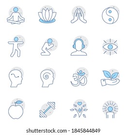 Meditation Practice and Yoga Vector Line Icons Set. Relaxation, Inner Peace, Self-knowledge, Inner Concentration. Web design, mobile app. EPS 10