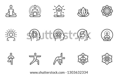 Meditation Practice and Yoga Vector Line Icons Set. Relaxation, Inner Peace, Self-knowledge, Inner Concentration, Spiritual Practice. Editable Stroke. 48x48 Pixel Perfect. Foto d'archivio © 