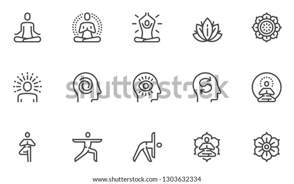 Meditation Practice and Yoga\
Vector Line Icons Set. Relaxation, Inner Peace, Self-knowledge,\
Inner Concentration, Spiritual Practice. Editable Stroke. 48x48\
Pixel Perfect.