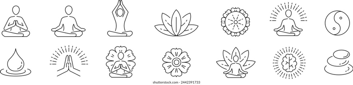 Meditation Practice Yoga and Zen icons set. Relaxation Inner Peace Self-knowledge Inner Concentration Editable Stroke Line icons collection Vector.