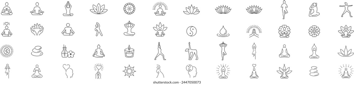 Meditation Practice Yoga and Zen icons set. Relaxation Inner Peace Self-knowledge Inner Concentration Editable Stroke Line icons collection Vector.