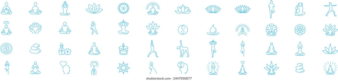 Meditation Practice Yoga and Zen icons set. Relaxation Inner Peace Self-knowledge Inner Concentration Editable Stroke Line icons collection Vector.