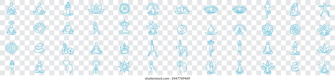 Meditation Practice Yoga and Zen icons set. Relaxation Inner Peace Self-knowledge Inner Concentration Editable Stroke Line icons collection Vector.