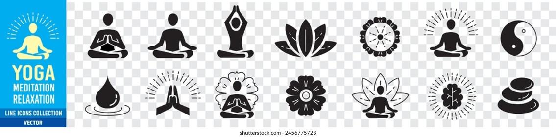 Meditation Practice Yoga and Zen icons set. Relaxation Inner Peace Self-knowledge Inner Concentration Editable Stroke Line icons collection Vector.