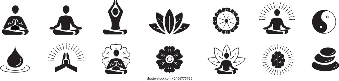 Meditation Practice Yoga and Zen icons set. Relaxation Inner Peace Self-knowledge Inner Concentration Editable Stroke Line icons collection Vector.