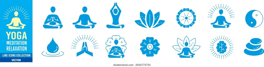 Meditation Practice Yoga and Zen icons set. Relaxation Inner Peace Self-knowledge Inner Concentration Editable Stroke Line icons collection Vector.